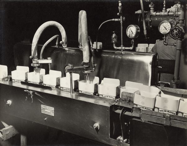 A Harrington Measuring Filler by the Allbright-Nell Co., Chicago, Ill, U.S.A. is dispensing processed meat contents into paper boxes.  