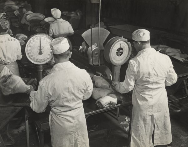 Slightly elevated view of Oscar Mayer employees, men and women, wearing lab coats and hats who are weighing packaged meet on a variety of scales in a large room.