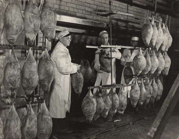 Three men are working to hang processed ham roasts, which are individually packaged in mesh bags, onto racks suspended from the ceiling. 