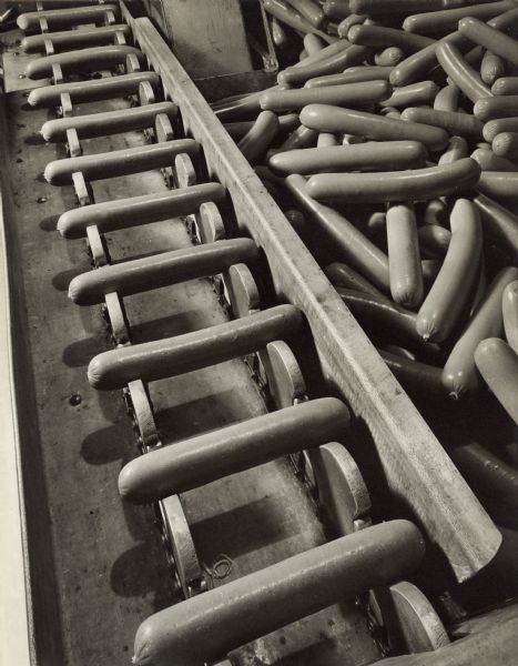 Close-up view of individual wieners on a conveyor belt moving towards an indexing and labeling machine.