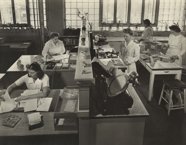 Slightly elevated view of five women workers in an Oscar Mayer Company test kitchen and laboratory. A low wall is separating two women working at desks on the left from the group of women working in the kitchen on the right.