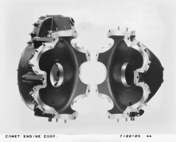 Crankcase for the 7-cylinder Comet engine that shows how it was built in two sections united by seven through bolts as well as by seven cylinder flanges.