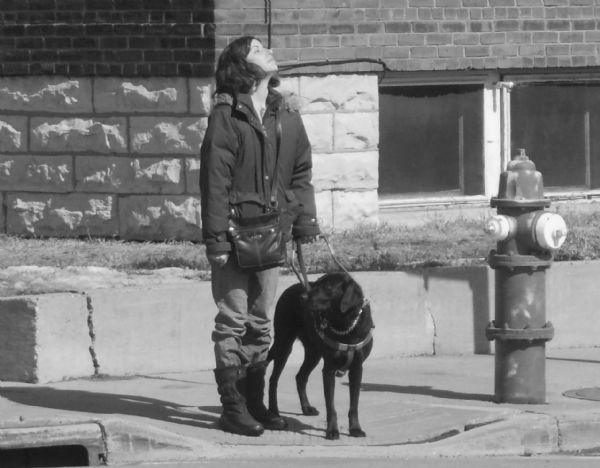 View from street towards a woman wearing a coat and boots standing at the corner of 7th and Cass Street with her seeing-eye dog. There is a fire hydrant on the right.