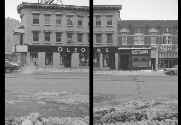 View across State Street, on the corner of West Mifflin Street, towards the Willett S. Main Building (left) and the Caputo Building (right). The upper floors of the Main Building are apartments, and on the ground floor is Olson's (a clothing store). Mannequins in the show windows are displaying clothes. There is also a mannequin displaying a dress above the entryway behind floor-to-ceiling windows. The Caputo Building has apartments on the second floor. On the ground floor is Paco's Cocktail Lounge on the left, and Dyers Shoes on the right. 