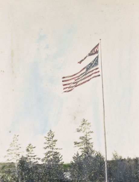 An American flag and <i>Islander</i> flag flying on a flag pole at the island. Trees and Archibald Lake are in the background. Caption reads: "Long may it wave."