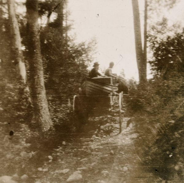 A horse-drawn wagon is carrying a clinker-built duck boat and two men, with their backs to the camera, on a dirt path through the woods to Archibald Lake.