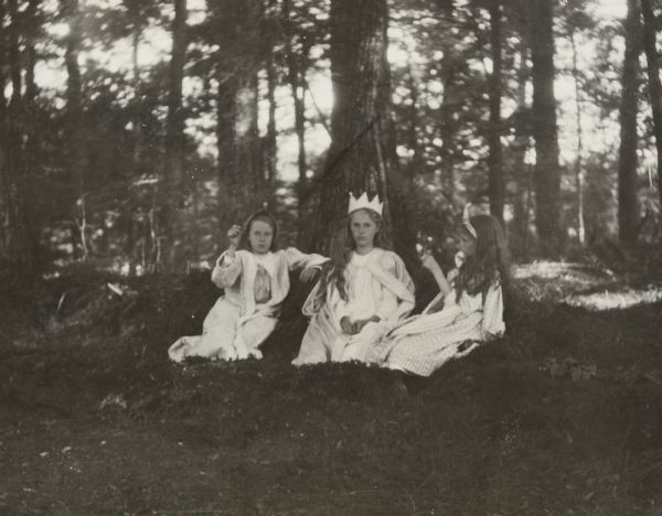 Three Stroh sisters are sitting outdoors under a tall tree on the Island. Harriet Stroh (center) is dressed as the queen. Elizabeth Stroh (left) and Margaret Stroh (right) are dressed as the queen's attendants. Caption reads: "Queen and attendants."