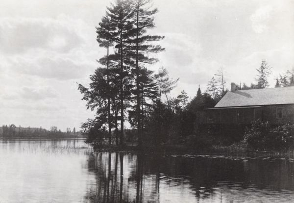 View looking across Archibald Lake toward the island on the right, and the mainland in the distance on a cloudy day. Three very tall trees are standing at the shoreline of the island next to the Wheeler frame house with porch, also known as The Ark, on the right. Water lilies are floating in the lake in front of the house. 

