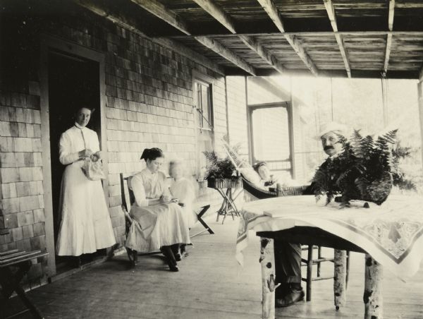 A small group is gathered on the screened porch of the Ark cottage. Anna Holt Wheeler is standing in the doorway, looking at the camera and holding a handicraft, possibly embroidery. Her husband Arthur Dana Wheeler, wearing a hat, is sitting at a table with legs made of birch logs. There is a large fern on this table which is covered with a tablecloth. Next to Anna Holt Wheeler, there is a girl, possibly Rose or Agnes Wilson, sitting on a rocking chair and writing on a pad of paper. A child, possibly Lillian Wheeler, is standing next to this girl. In the background a woman, possibly Rose or Agnes Wilson, is lying down in the hammock which is attached to the house and the porch. Behind the hammock, in the corner, is another fern. Caption reads: "Rose and Agnes Wilson at the Ark."