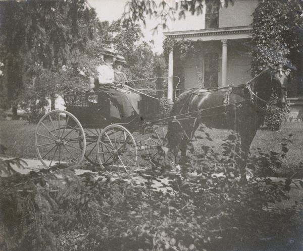 Holding the whip, Lucy Rumsey Holt is driving the carriage with Minnie May Rumsey sitting beside her. The Evergreens, the Rumsey estate is in the background. Caption reads: "MMR, LRH - Lake Forest."