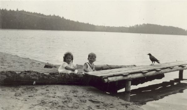 Peter DeWitt and a friend or cousin are sitting on the sand beach near logs. A bird is perched nearby on a wooden pier.