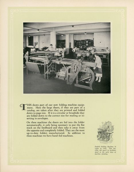 One page of a 24 page promotional booklet produced by The North American Press, founded in 1873 as The Germania Publishing Company by George Brumder (1839-1910). The booklet is illustrated with photographs featuring employees and facilities at the company's 1925 building at 178-184 Seventh Street. In the photograph on this page, men and women work at two automatic folding machines.