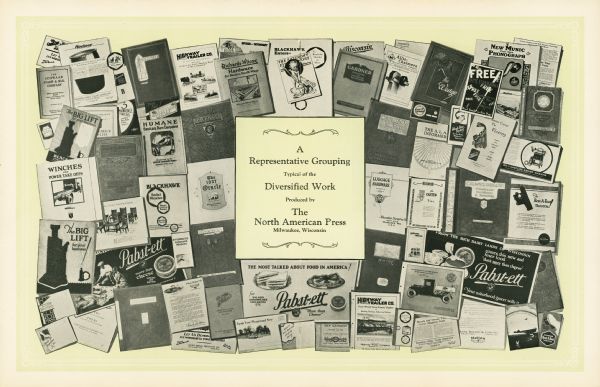 The centerfold of a 24 page promotional booklet produced by The North American Press, founded in 1873 as The Germania Publishing Company by George Brumder (1839-1910). These two pages feature examples of the company's products, including hardware catalogs, yearbooks, pamphlets and invitations. Three advertising broadsheets promote "Pabst-ett," a spreadable cheese product made by Pabst Brewing Company during the prohibition era.  