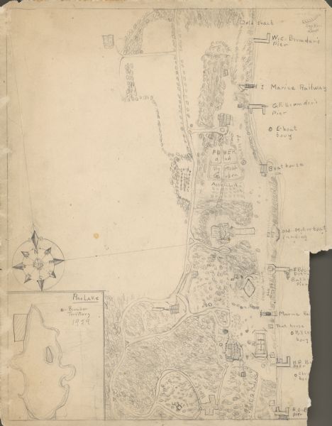 An unsigned, hand-drawn map of properties owned by members of the Brumder family on the northwest shore of Pine Lake in 1929. Named Villa Henrietta, the property included the original summer home of Milwaukee publisher George Brumder and his wife Henriette. 
It is located near the center of the property, shown on the map with its circular drive and walkway leading to "old motorboat landing." The map also identifies structures belonging to Brumder's sons William C., George F., Herbert P., Herman O., and his grandson, Edward.  