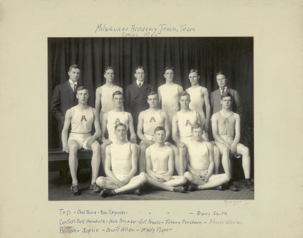 Herbert Paul Brumder, middle row, second from left, posing with his teammates from the Milwaukee Academy track team. Brumder has identified other members of the team in writing below the photograph. Herbert Brumder (1885-1967) was the youngest child of publisher and businessman George Brumder.