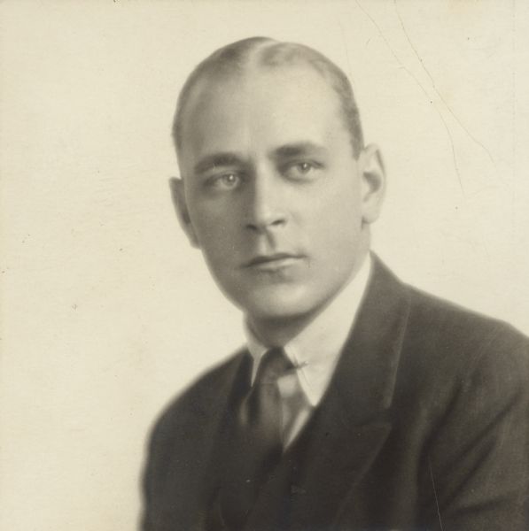 Head and shoulders studio portrait of William G. Brumder (1901-1976), son of William Charles and Thekla Uihlein Brumder, and grandson of Milwaukee publisher George Brumder. Later in his career, William G. Brumder was president and chairman of the board of First Wisconsin National Bank.