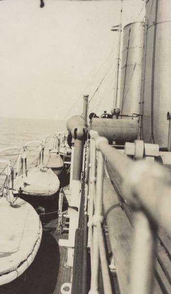 A view of the two main stacks of the S.S. <i>Grosser Kurfürst</i> with lifeboats on the left.