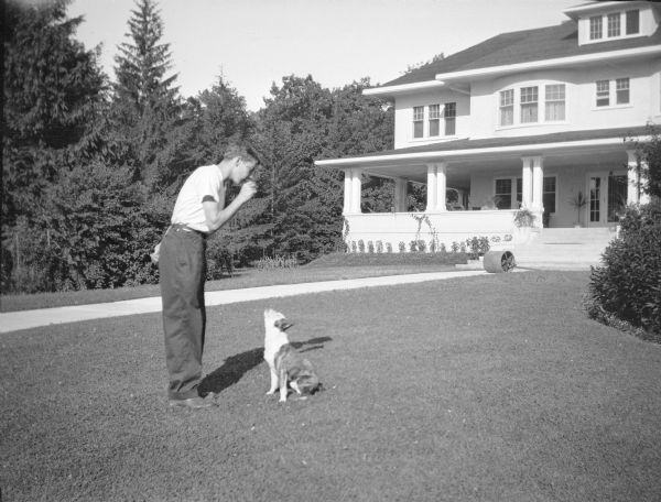 Edward Brumder holding the attention of his Boston terrier-type dog, who is sitting on the lawn of the Brumder summer house on Pine Lake. There is a lawn roller on the sidewalk near the steps of the house.