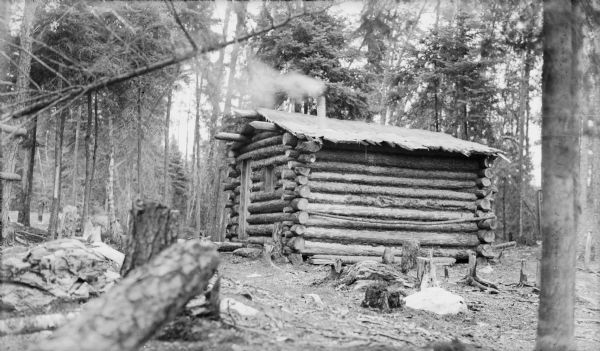 Smoke is rising from the flue of a small log cabin in a clearing. There are tree stumps in the foreground.