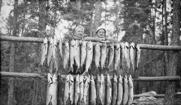 Philip, left, and Herbert E. Brumder posing behind dozens of fish of several species which have been nailed to saplings suspended between trees.