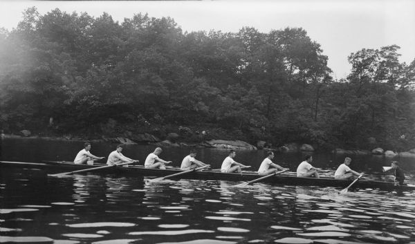 The photographer's son, Herbert E. Brumder, rowing in the stroke position (second from right) with the Yale freshman crew on the Housatonic River.
