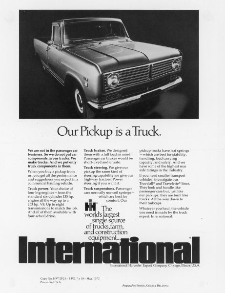 Advertising proof created by Foote, Cone & Belding for the International Harvester Company. Text with IH logo reads: "The world's largest single source of trucks, farm, and construction equipment..."