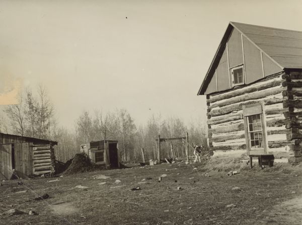 Original caption reads: "The Roughan home, with the rude log house at the right and the barn in the background. It is typical of the desolate home Wisconsin families will leave behind, perhaps forever, when they sail for new homes in a new country." Caption on print reads: "This is the Wisconsin farm Henry James Roughan left at Monico, Wis."