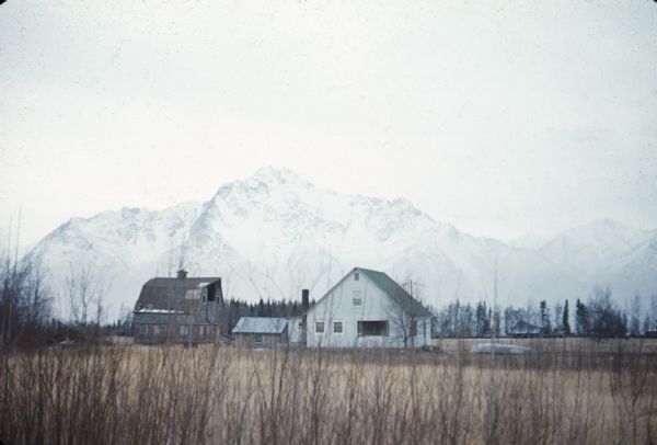 View towards farm buildings, with snow-capped mountains in the distance.