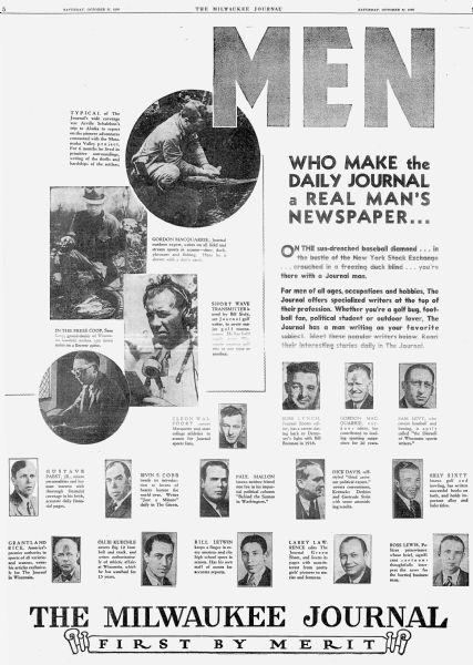 Newspaper article with portraits and descriptions and of the writers at <i>The Milwaukee Journal</i>.