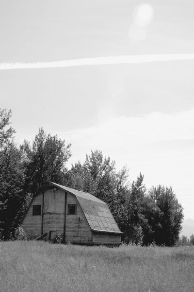 View across field towards an abandoned barn.