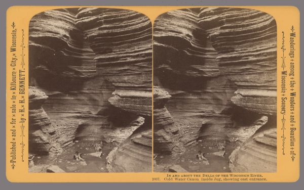 Caption at bottom: "In and about the Dells of the Wisconsin River. 1037. Cold Water Canon[sic] inside Jug, showing east entrance." Text at right: "Wanderings Among the Wonders and Beauties of Wisconsin Scenery."