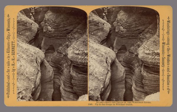 Caption at bottom: "In and About the Dells of the Wisconsin River. 1048. Up in the Gorge in Witches' Gulch." Text at right: "Wanderings Among the Wonders and Beauties of Wisconsin Scenery."