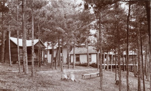 Log cabin and Pines Hotel among trees. The log cabin on the left has a rustic porch, and the larger building on the right has a large porch with rustic railings.