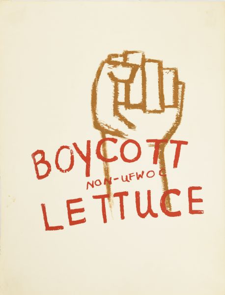Poster with an illustration drawn in brown paint of a fist, with the text painted in red. 