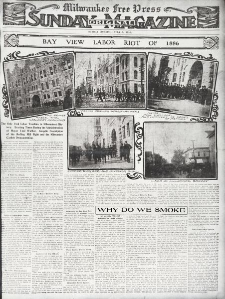 Front page of the "Milwaukee Free Press Sunday Magazine." The article is titled: "The Only Real Labor Troubles in Milwaukee's History. Exciting Times During the Administration of Mayor Emil Wallber. Graphic Description of the Rolling Mill Fight and the Milwaukee Garden Demonstration."