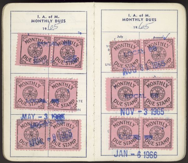 Monthly dues stamps on 2 pages of a dues book for the International Association of Machinists.