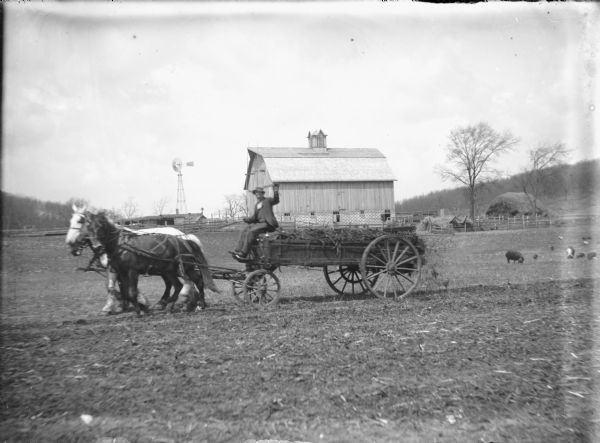 Will von der Sump waves a greeting to the photographer as he drives a wagon manure spreader pulled by a three horse team. The new Von der Sump barn with concrete block foundation and cupola ventilator is in the background. Other farm buildings and a windmill are at left. There are hogs and chickens in the field.