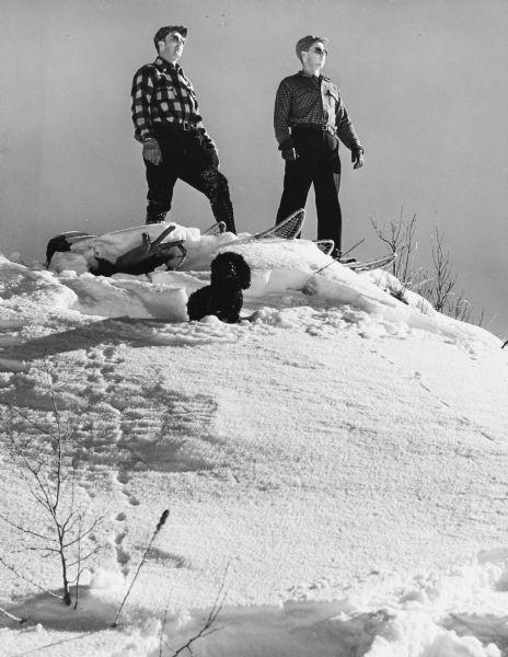 View looking up towards two men on snowshoes standing on top of a snowy hill. A small black dog is sitting in front of them.