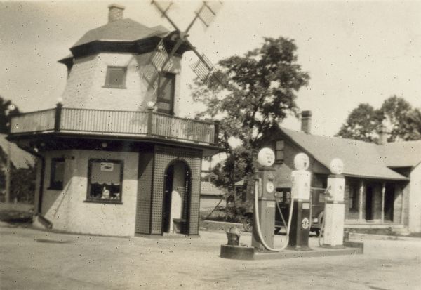 Windmill and Gas Station. Written on back: "The 'Service Station.'"