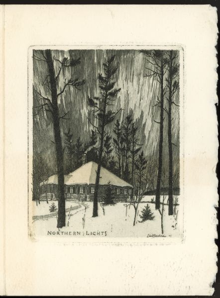 Greeting card with a drawing of an outdoor scene of a snow-covered log-cabin in the woods, with the northern lights in the sky. Smoke is coming out of the chimney.