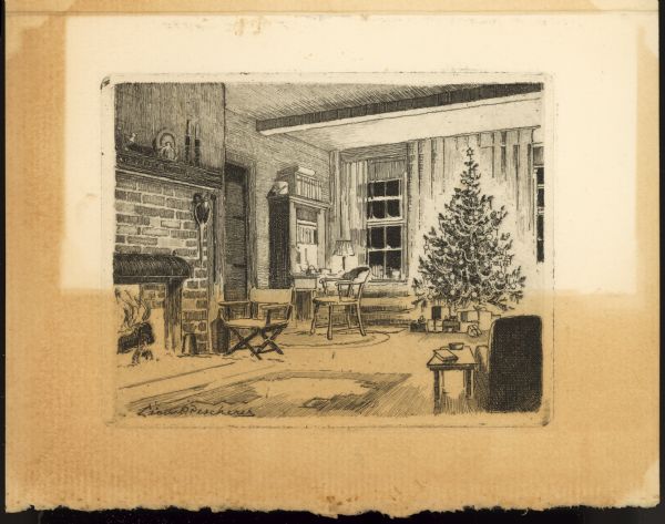 Greeting card with a drawing of a chair drawn up before a fire in a fireplace, and a table and desk in the corner near a tree with decorations, and gifts underneath, set up in front of a set of windows.