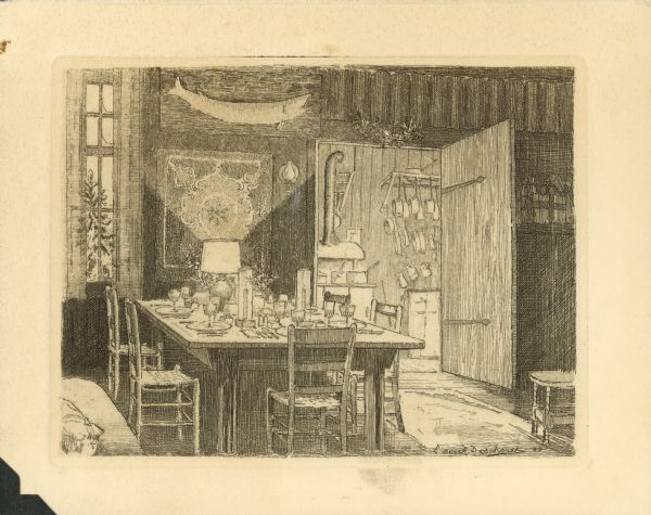 Greeting card with a drawing of a dining room table set for dinner. A view of a kitchen is through an open doorway in the background, with pots hanging near the woodburning stove.