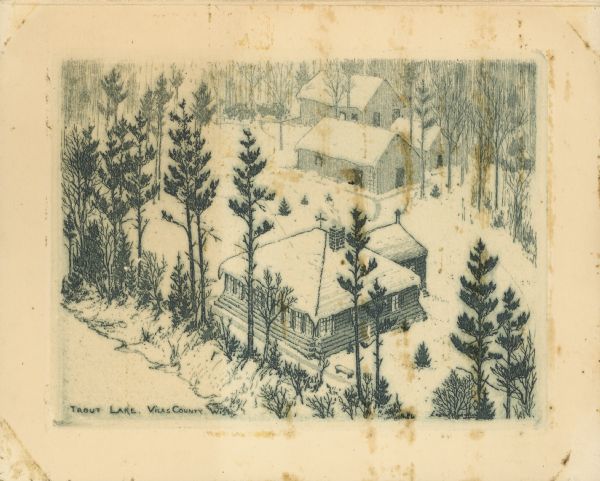 Greeting card with a drawing of an elevated view of log buildings at Trout Lake. Snow is on the ground and on the roofs of the buildings.