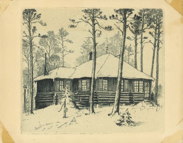 Greeting card with a drawing of a log cabin in the woods. Snow is on the ground, and wreaths are in the windows and on the door.