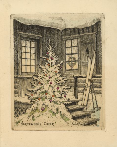 Scene with a Christmas tree with decorations and snow on the branches near the steps of a cabin. A pair of skiis and ski poles are leaning against the porch railing, and a wreath is hanging in a window.