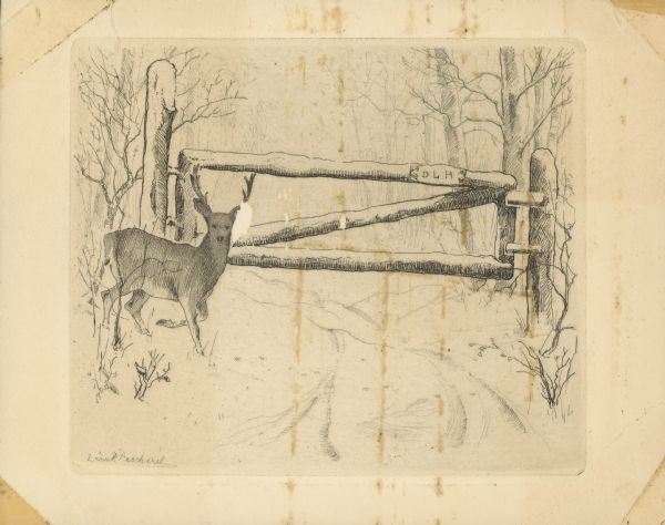 Greeting card with a drawing of a deer in the snow, pausing in front of  a snow-covered rustic gate on a road in the woods. A sign on the gate reads: "D.L.H."