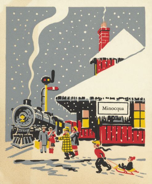 Greeting card with a winter view of the Minocqua railroad station. A child is pulling another child on a sled through the snow, and two people are meeting travelers on the platform.