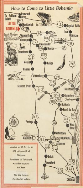 Map showing the location of the Little Bohemia lodge and restaurant, with major routes from Chicago and eastern and central Wisconsin.