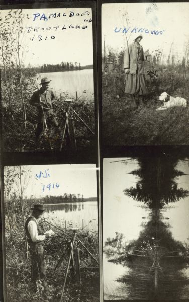 Four scenes of Trout Lake. The top left shows a man surveying on the shoreline of a lake. Handwritten text reads: "PA. MacDonald, Trout Lake 1910." The top right shows a woman, holding a gun in her right hand, standing outdoors near a dog sitting at her feet. Handwritten text reads: "Unknown." The bottom left shows a man surveying on the shoreline of a lake. Handwritten text reads: "J.J. 1910." The bottom right shows (rotated) a view across a lake towards a tree-lined shoreline.