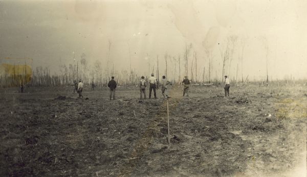 View across field towards a group of men standing in a field. There are trees in the background.